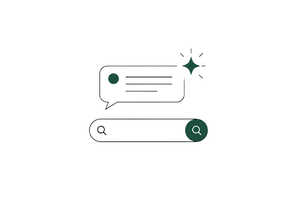 Line illustration of a chat answer bubble above a search bar