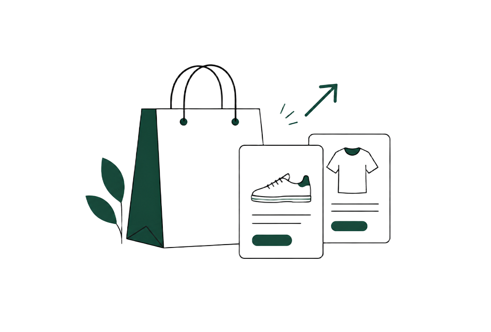 Line illustration of a shopping bag and product cards with an upward arrow