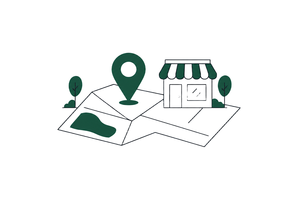 Line illustration of a map with a location pin and a storefront